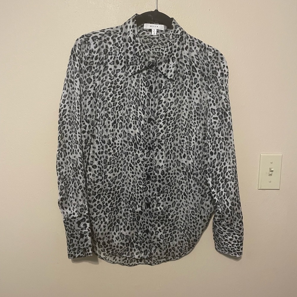 MILLY BLACK GRAY GOLD LEOPARD SHEER BLOUSE SIZE SMALL OR P